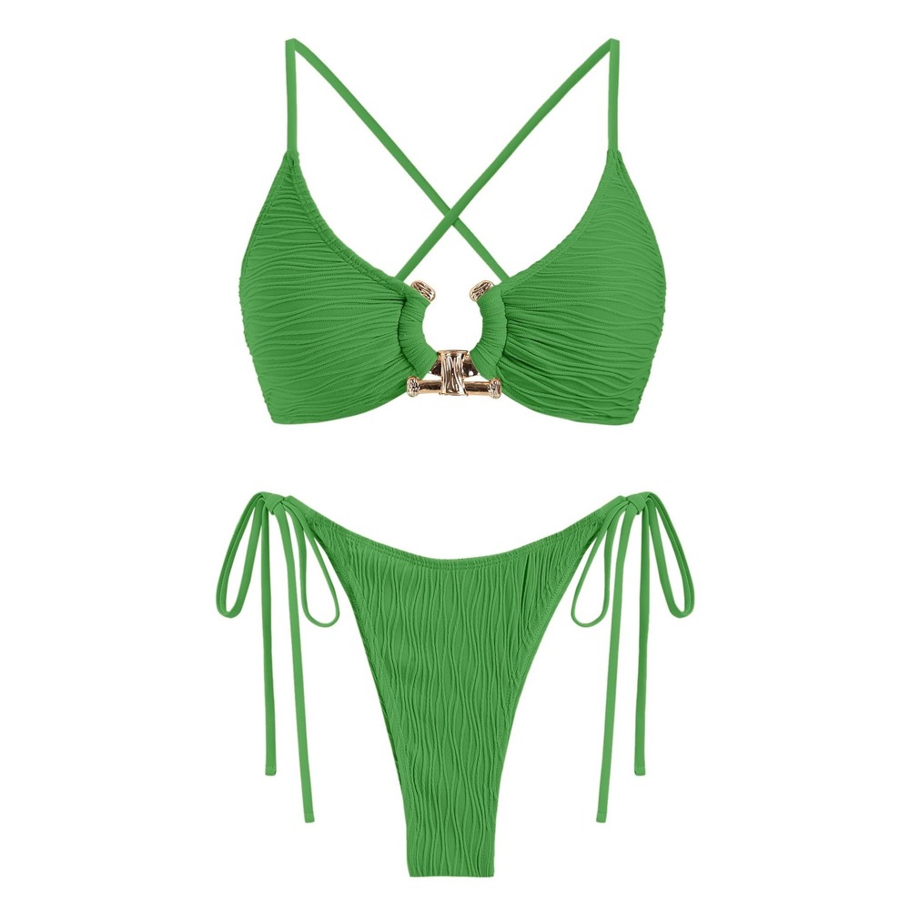 NWT‎ ZAFUL Green Ribbed Metal O Ring High Cut Side Tie Thong Bikini Set Med